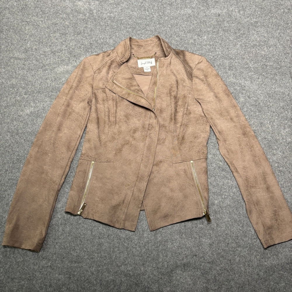 Joseph Ribkoff Brown Faux Suede Drape Zip Moto Biker Jacket Womens Size Small
